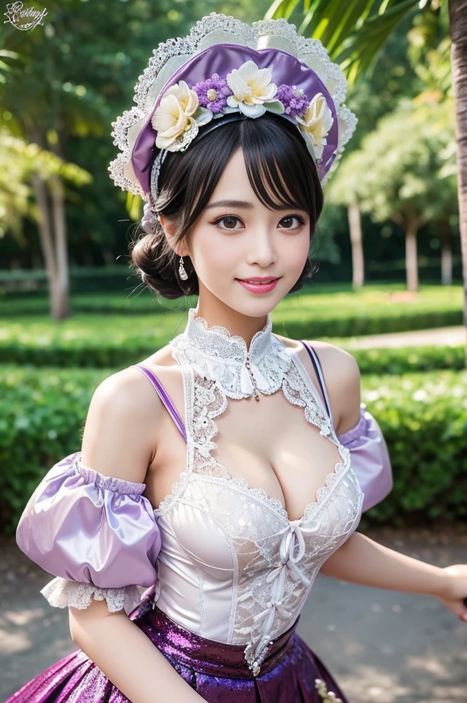 (nsfw), sexy stylish Thai model, only 1 female, ((doll-like appearance)), short lilac stylish hair, ((shiny Victorian-Style boots)), (big smile), ultra detailed eyes, vivid eye makeup, lipgloss, long lashes, defined eyebrows, ((sexy Paradise Kiss cosplay)), bell-shaped skirt, petticoats, high neckline, puffed sleeves, ((ultra detailed lace)), ((ultra detailed embroidery)), intricate details, Paradise Kiss accessoires and matching headpiece, choker, ((large sparkling Paradise Kiss jewelry)), cinematic light, detailed large park background with trees