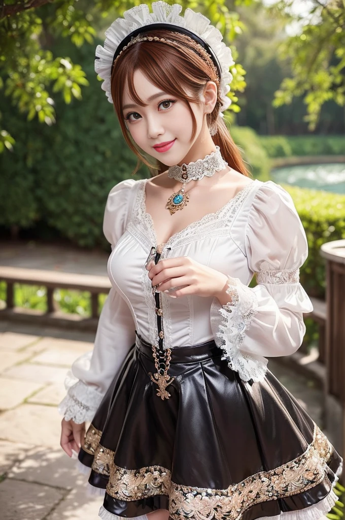 (nsfw), sexy stylish Thai model, only 1 female, ((doll-like appearance)), short Auburn stylish hair, ((shiny Victorian-Style boots)), (big smile), ultra detailed eyes, vivid eye makeup, lipgloss, long lashes, defined eyebrows, ((sexy Paradise Kiss cosplay)), bell-shaped skirt, petticoats, high neckline, puffed sleeves, ((ultra detailed lace)), ((ultra detailed embroidery)), intricate details, Paradise Kiss accessoires and matching headpiece, choker, ((large sparkling Paradise Kiss jewelry)), cinematic light, detailed large park background with trees
