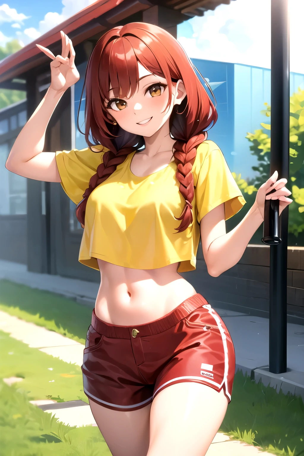1girl, brown eyes, red hair, braided hair, yellow croptop, brown short, smiling, standing, looking at viewer