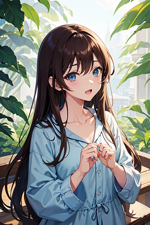 masterpiece, highest quality, High resolution，Follow the prompts、Anime Style、Brown Hair、Long Hair、blue eyes、Close your eyes and open your mouth wide、pajamas