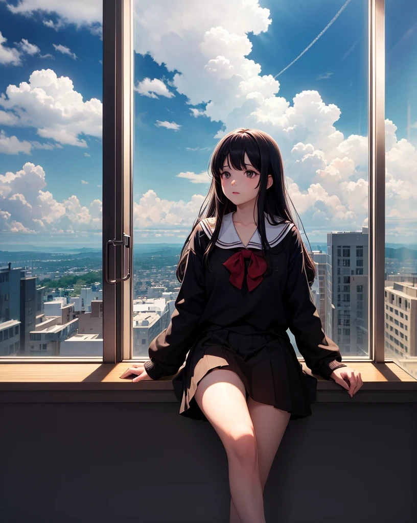 absurdres, highres, (official art, beautiful and aesthetic:1.2), girl, sitting in a classroom, gazing out of the window, shining sky, vast world, awe-inspiring expression, distant horizon, clouds, enigmatic, lofi