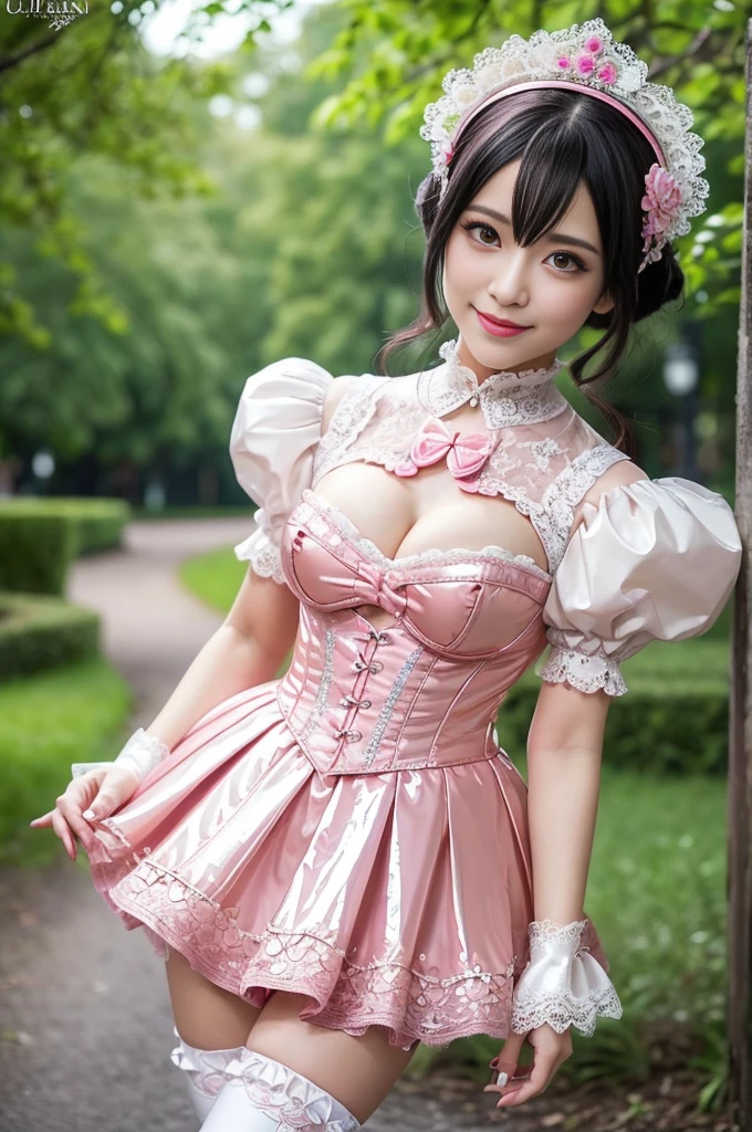 nsfw, sexy stylish Vietnamese model, only 1 female, ((doll-like appearance)), short neon pink stylish hair, ((shiny Victorian-Style boots)), (big smile), ultra detailed eyes, vivid eye makeup, lipgloss, long lashes, defined eyebrows, ((sexy Paradise Kiss cosplay)), bell-shaped skirt, petticoats, high neckline, puffed sleeves, ((ultra detailed lace)), ((ultra detailed embroidery)), intricate details, Paradise Kiss accessoires and matching headpiece, choker, ((large sparkling Paradise Kiss jewelry)), cinematic light, detailed large park background with trees