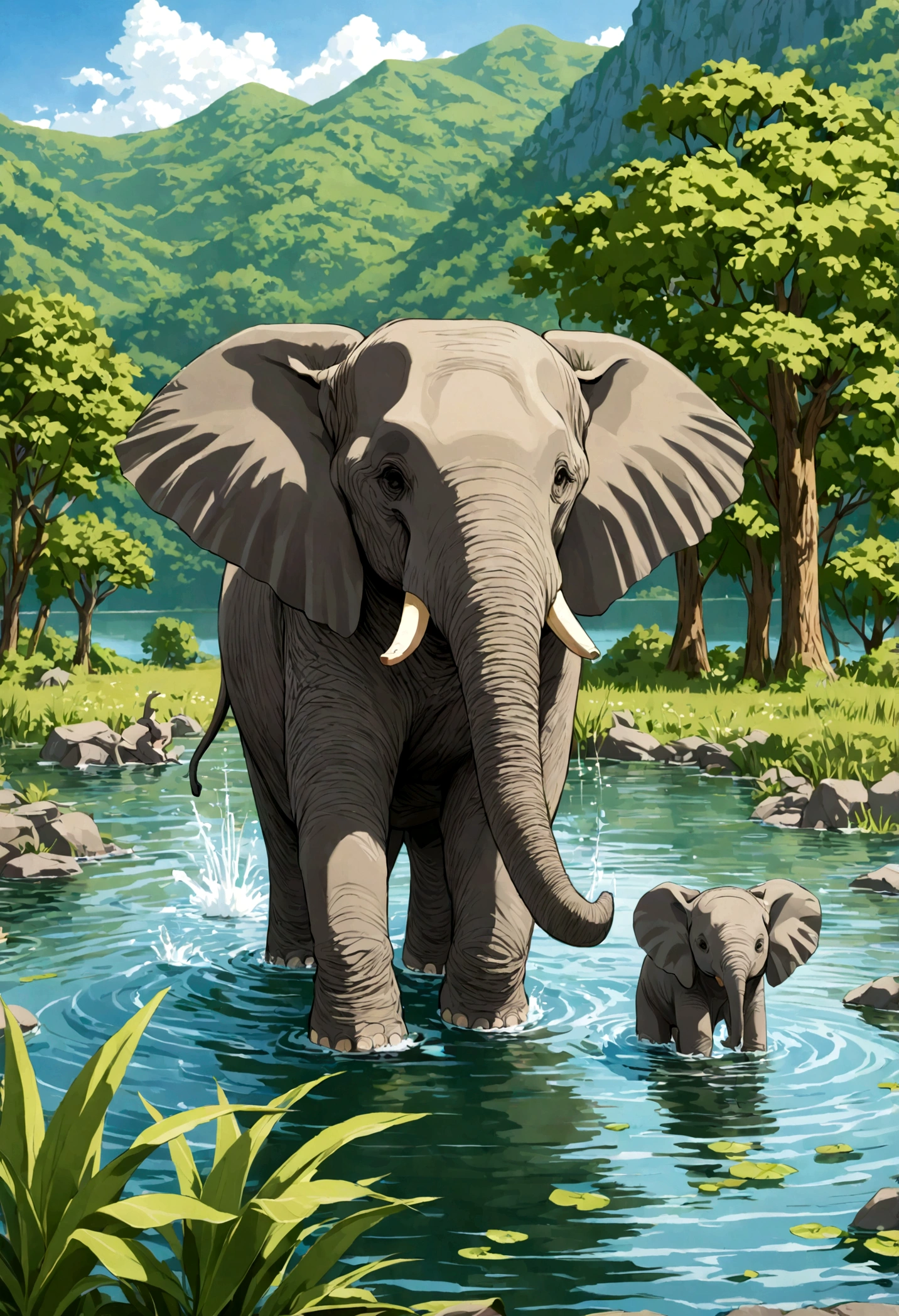 Elephant parent and child　Bathing　looks fun　lake
