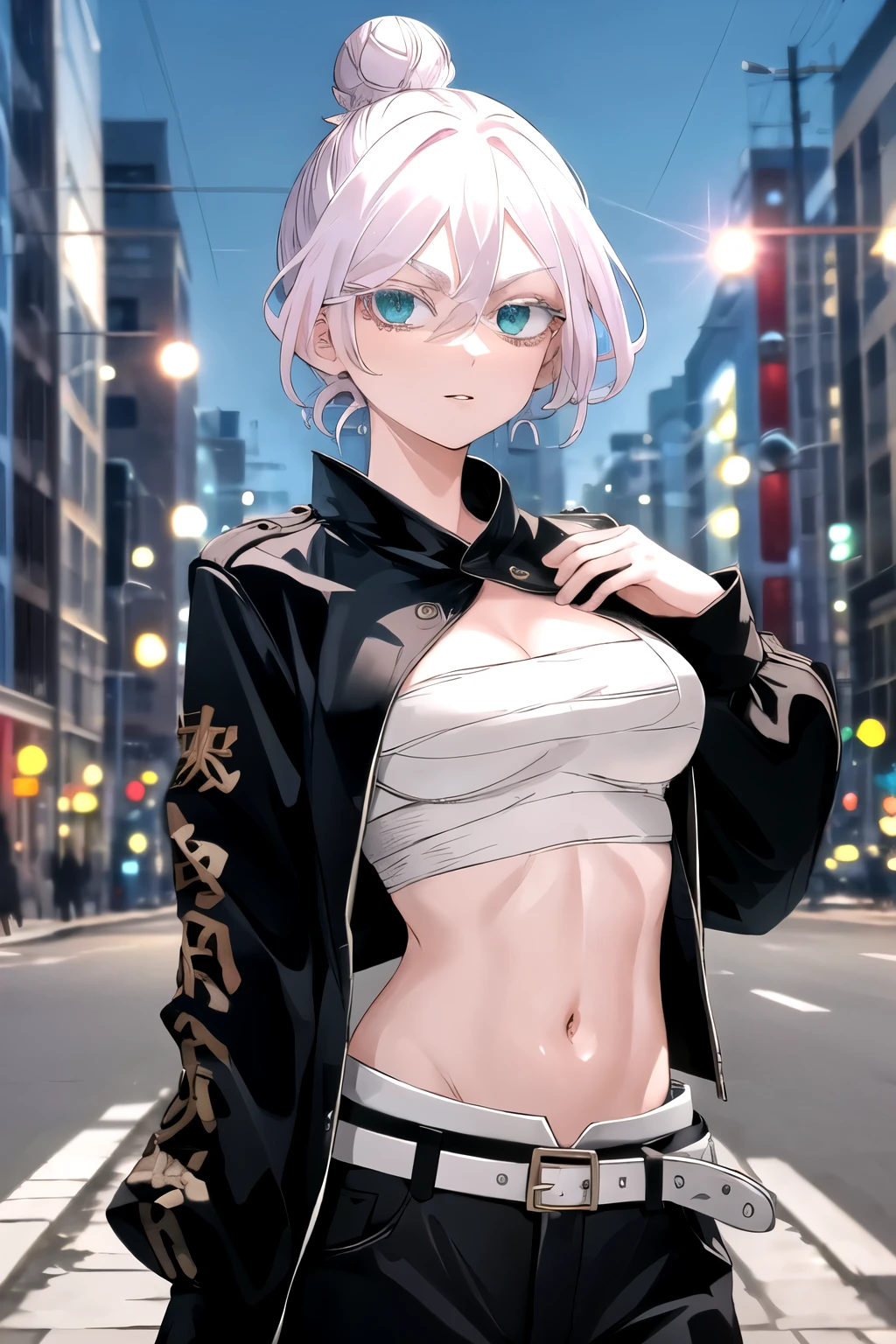 masterpiece, best quality, highres, 1girl, solo, short hair, white hair, hair bun, hair between eyes, colored eyelashes, aqua eyes, cleavage, sarashi, bandages, black jacket, open clothes, long sleeves, midriff, belt, black pants, standing, cowboy shot, outdoors, street, night