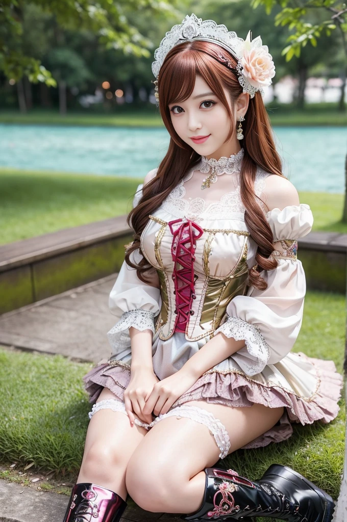 nsfw, sexy stylish Japanese princess, only 1 female, ((doll-like appearance)), short Auburn stylish hair, ((shiny Victorian-Style boots)), (big smile), ultra detailed eyes, vivid makeup, lipgloss, long lashes, defined eyebrows, ((sexy Paradise Kiss cosplay)), bell-shaped skirt, petticoats, high neckline, puffed sleeves, ((ultra detailed lace)), ((ultra detailed embroidery)), intricate details, Paradise Kiss accessoires and matching headpiece, choker, ((large sparkling Paradise Kiss jewelry)), cinematic light, detailed large park background with trees