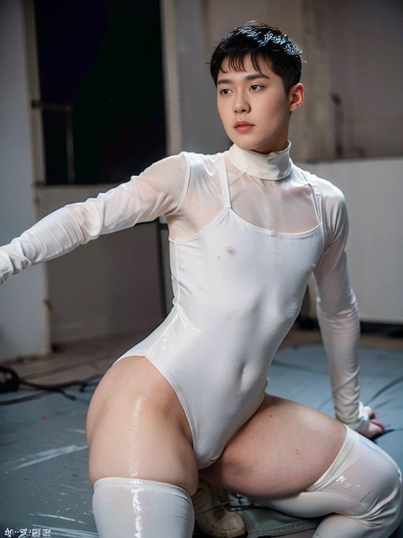 Futuristic rubber high waisted white leotard, skin tight, （buzz cut haircut）, hands visible, gloves, boots, toned male, young man, sexy glossy leotard, hands covered, handsome boy， big bulge , thick thighs , thick hips , handsome Korean man , K-pop idol, （bare thighs）, sexy , NSFW , eroticism ， epic reality , epic photorealistic  , bottomless , detail face ,  epic reality , ultra realism,  full length shot(fls), ( extreme tight high waisted white leotard), (extremely small size leotard squeeze out the side belly) , 16k resolution , ultra-high clarity , hyperrealism, uhd , ((only male , only boy )), masculine , bodybuilder, massive ,((unrealistic insane wide hips)) , (wide hips , wide pelvis , phat hips) ， manly , alluring look , NSFW , masculine boy , handsome korean boy , (((mature)))