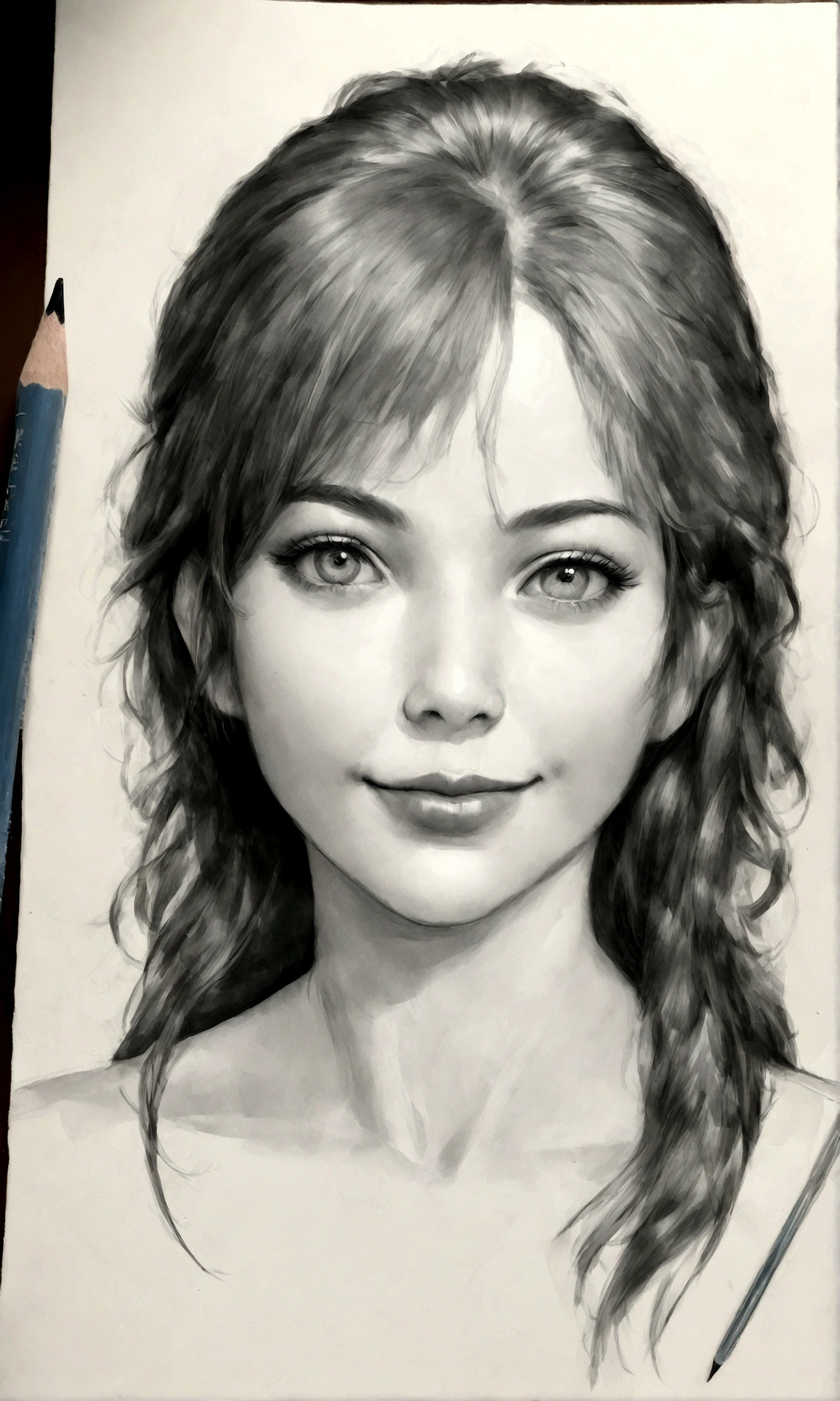8k, pencil draw carvão, desenho of a woman with a smile on her face, realistic sketch, pencil draw, pencil draw, retrato realista, realism desenho, a pencil draw, professional portrait desenho, hyperrealistic sketch, arte tradicional, retrato detalhado, grafite realista, realistic desenho, feche o retrato, belo retrato detalhado, art sketch, desenho, pencil desenho, sem sombreamento, imagem realista
