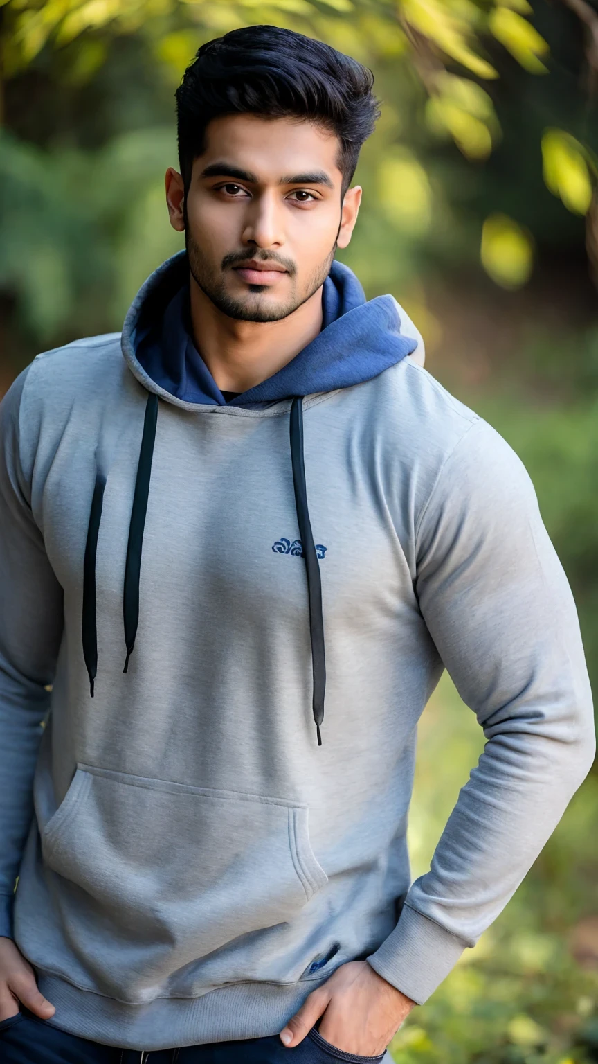 A sexy  28 year old indian male model,posing for a photo shoot,wearing hoodie, masterpiece, mysterious expression, handsome face, slight bookeh 