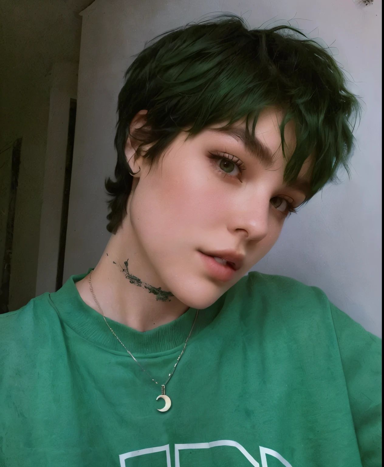 there is a young woman with a green shirt and a necklace, androgynous, androgynous face, beautiful androgynous girl, androgynous person, short green bobcut, with short hair with bangs, short green hair, portrait androgynous girl, androgynous male, with short hair, really short hair, pixie cut, curly pixie cut hair