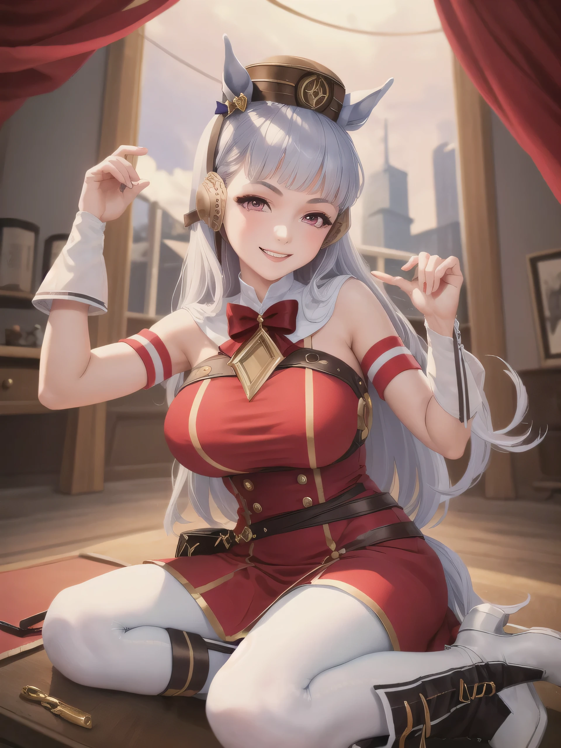 (masterpiece, highest quality:1.2), alone, One girl, umpd gold ship, pillbox hat, Red dress,No sleeve, White Pantyhose, boots, Horse tail, Racecourse、Big Breasts、smile