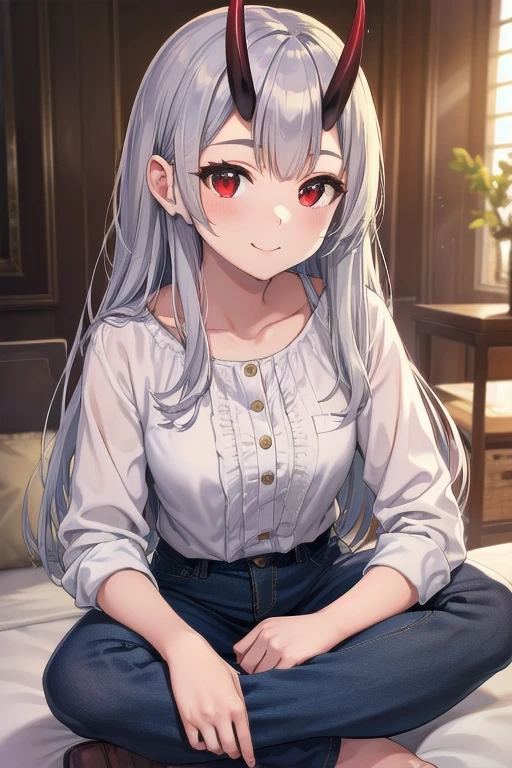 A masterpiece portrait of a cute smiling girl with silver hair, red eyes, and oni horns, wearing a blouse and pants, sitting in a torino style background, highly detailed, 8k, photorealistic