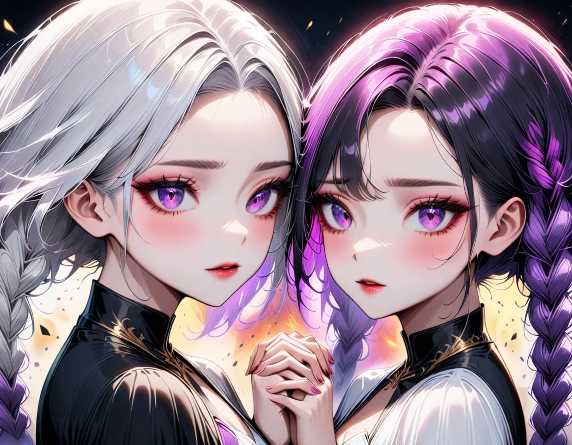 (2girls), extremely close-up, embrace, hold hands, snuggle, eye contact, (side by side),(look at viewer), Idols shine brightly on stage, purple eyes, silver hair, gradient hair, twin braided hair, cryptic girl, cyber girl, yinji, beautiful detailed eyes, beautiful detailed lips, extremely detailed eyes and face, long eyelashes, silver hair, gradient hair, twin braided hair, bang, purple eyes, digital painting, ultra-detailed, 8k, high quality, intricate details, cinematic lighting, dramatic atmosphere, moody, elegant, graceful, brilliant, dazzling, stunning, passionate, full of vitality, dreamlike, gorgeous, dazzling, charming, colorful, lively, vibrant, captivating, visually grand, dynamic, passionate, full of tension, passionate burning, colorful, masterpiece, best quality, very aesthetic, absurdres