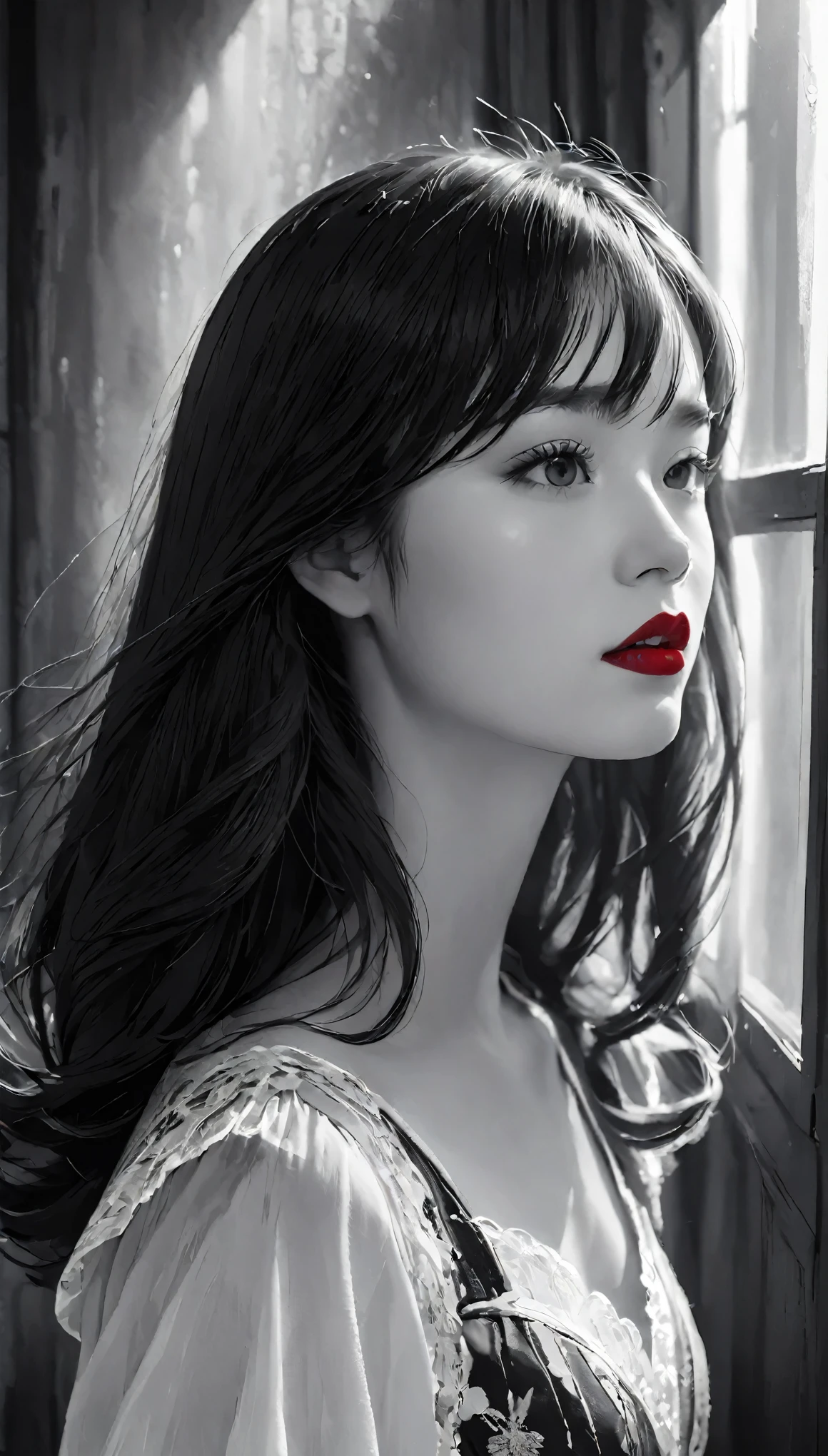 (((Black and white art:1.2、Black and white photography、RAW Photos、Film Grain)))、Beautiful woman、Small Nose、((Fuller lips、Attractive red lips:1.3))、Attractive hairstyle、dress、highest quality、High resolution、High resolution、Cinema Lighting、Black and white photography、Professional Photographer