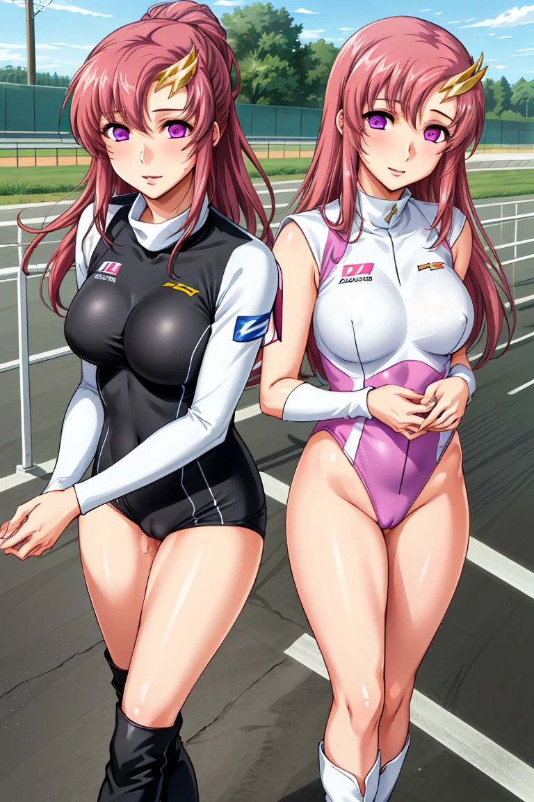 (masterpiece:1.2, highest quality), (Realistic, photoRealistic:1.4), Beautiful illustrations, (Natural Side Lighting, Cinema Lighting), avert your eyes, (Cowboy Shot), ((2 girls), (Lacus Clyne&Murrue Ramius)),Grid Girls, 40 years old, (((Mature Woman))), (Beautiful anime faces), Japanese, Perfect Face, Perfect Anatomy, Symmetrical cute face, Shiny skin, Blunt bangs, (Intense glowing purple eyes:1.3), Beautiful Hair, Beautiful Face, Beautiful clavicle, Beautiful body, Beautiful breasts, Beautiful thighs, Beautiful legs, Beautiful fingers, (Perfect Face, Perfect Anatomy), (Two legs, Five Fingers), ((Grid Girls, Racing Suits, Race Queen Costume:1.3. White, pink and purple high leg leotard with sponsor logo:1.3, Shiny arm covers:1.3, Shiny knee-high boots:1.3)), (Beautiful views), Written boundary depth,((Tall Woman), (Slim figure), (small breasts directed upwards)), (Randomly change obscene poses:1.3), ((A small remote vibrator is attached to her pussy:1.1), (Intense orgasm:1.1), (Embrace、Love Each Other:1.1)),