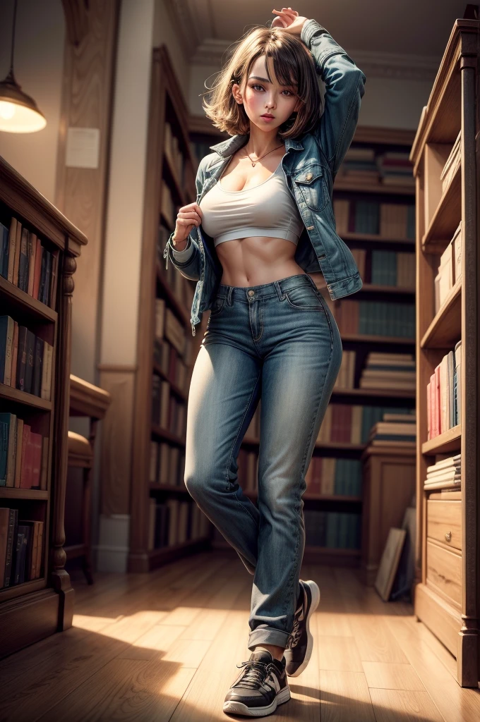please draw me some sexy cool uppercasee letters dressed with pants, jackets and shoes on dancing on the table in an old bookstore, use 4k, hdr and everything in best quality with highest details.