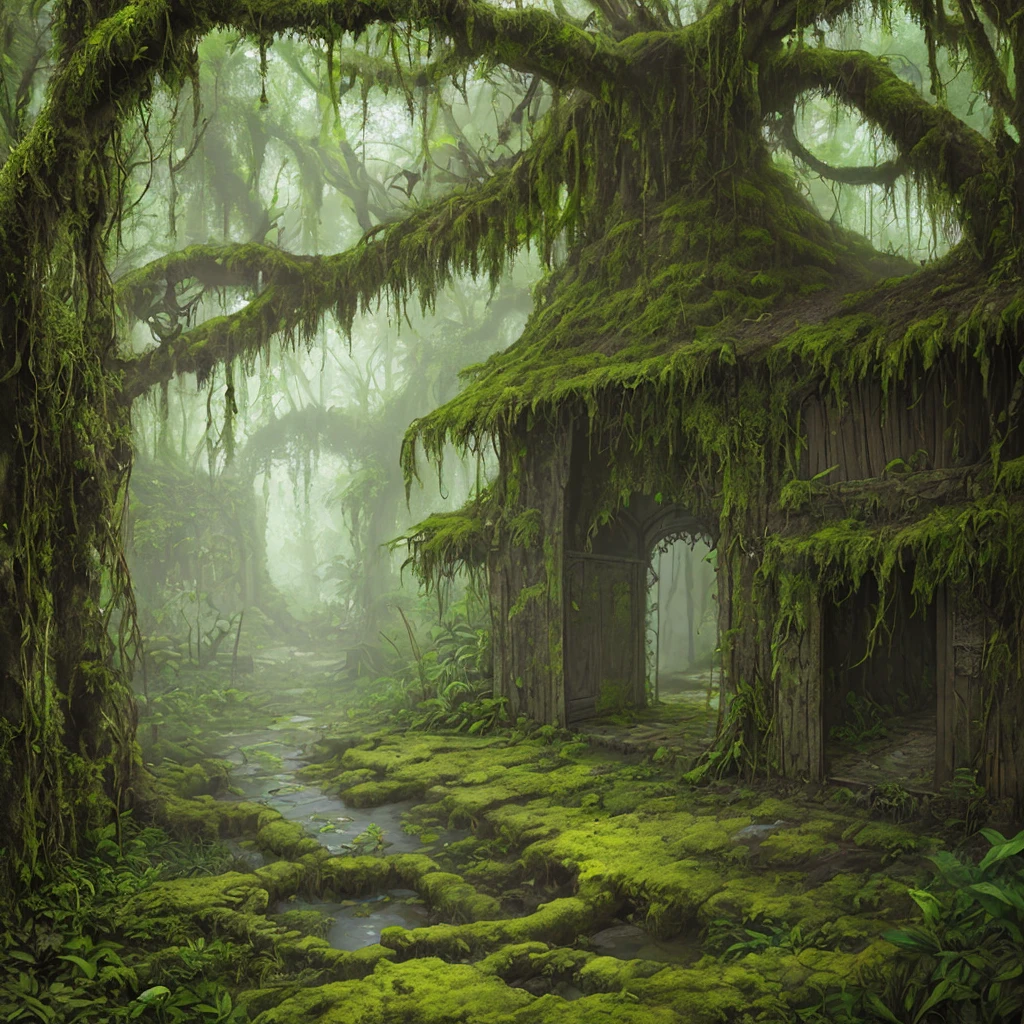 An ancient moss-covered gate stands in the jungle