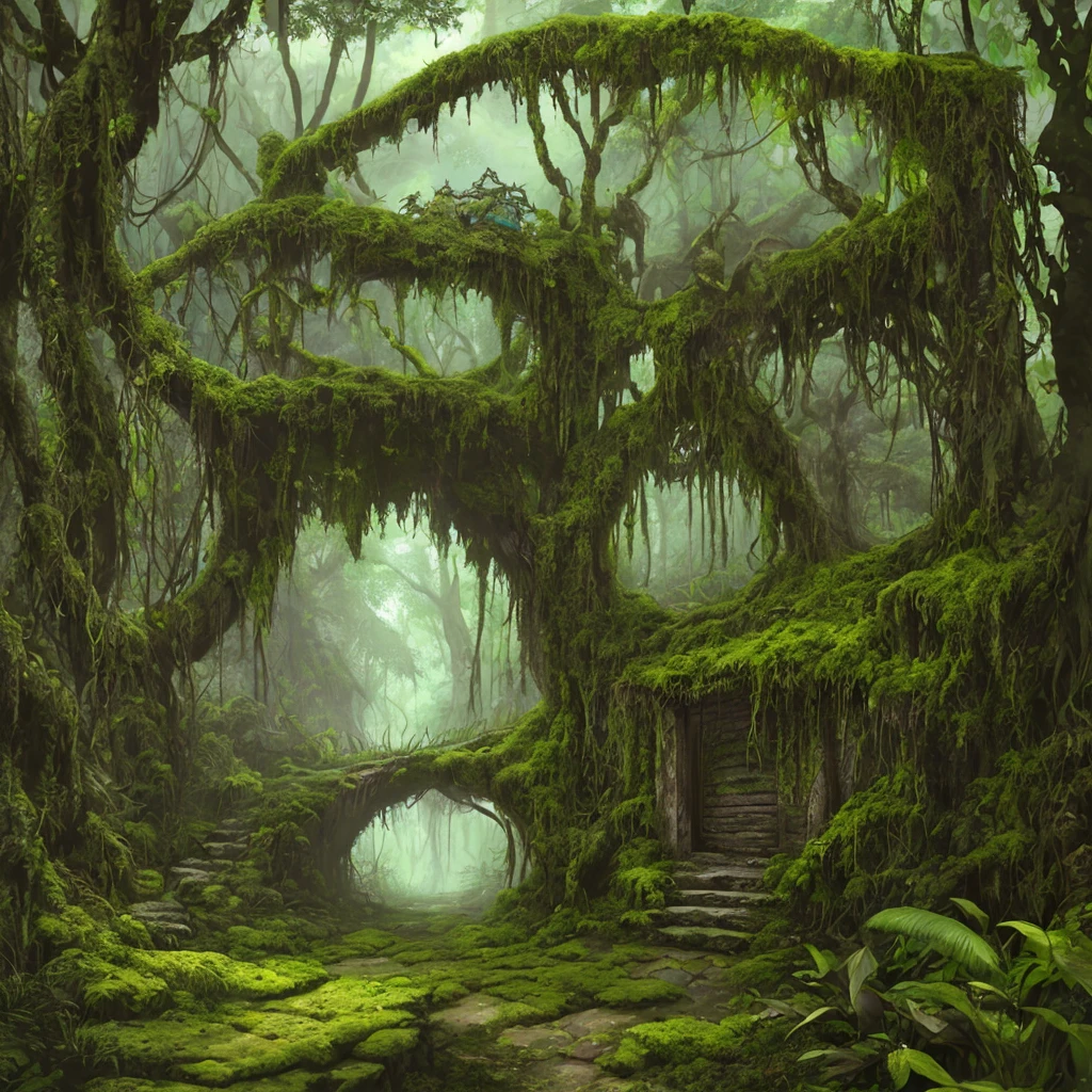 An ancient moss-covered gate stands in the jungle