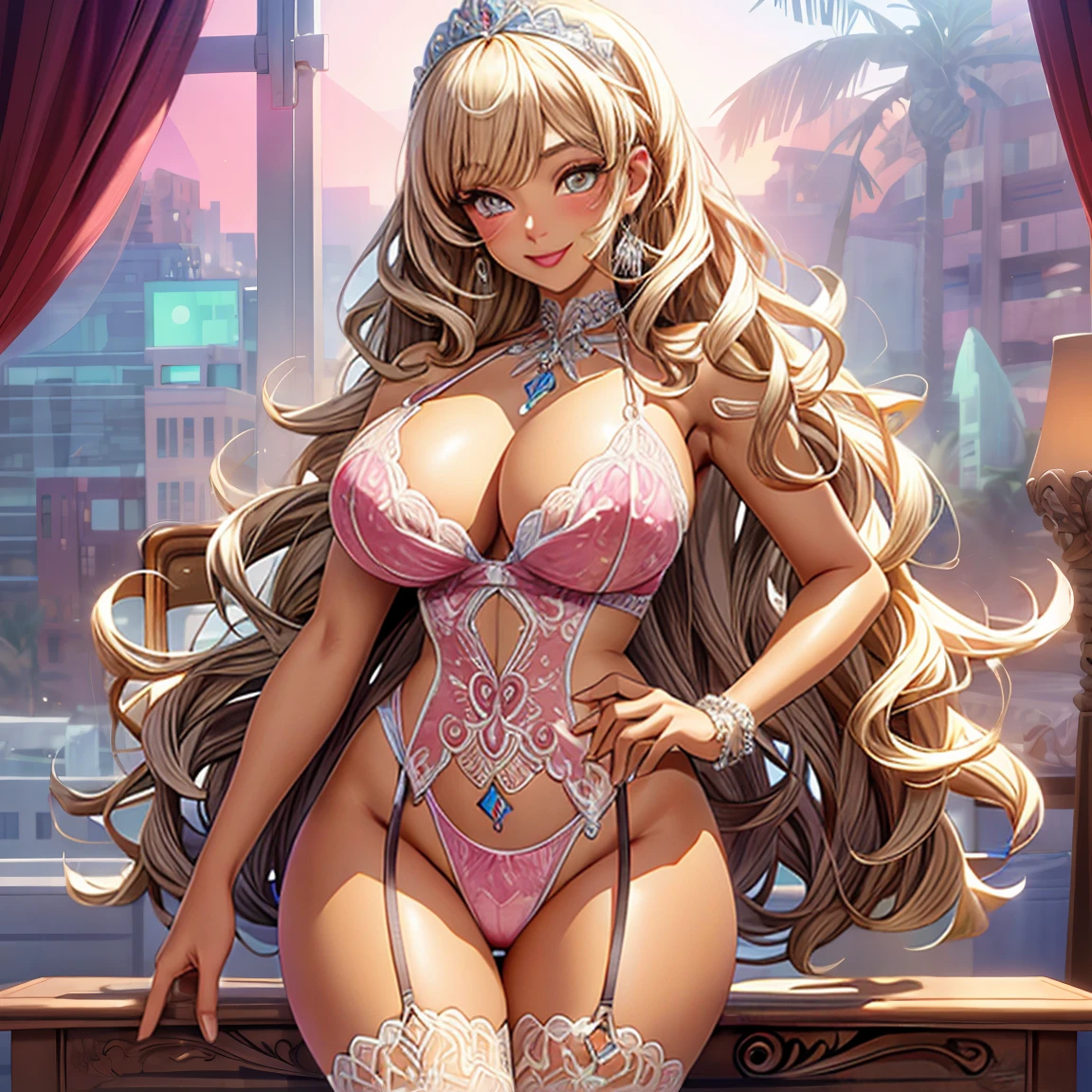 (masterpiece, best quality), pixel art, perfect slim fit body, thick thighs, nice breasts, wavy hair, bracelet, necklace, (pastel transparent lingerie:1.2), standing pose, big gorgeous eyes, kind smile, parted lips, blush, luxury penthouse bedroom, elaborate details, ambient lighting, top pixiv, top artstation