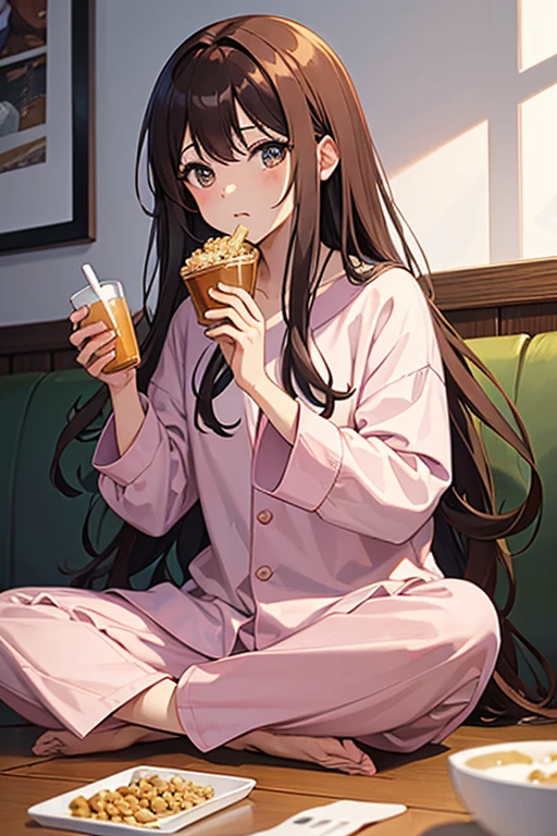 masterpiece, highest quality, High resolution,Follow the prompts、Anime Style、Brown Hair、Long Hair、pajamas、Eating cereals
