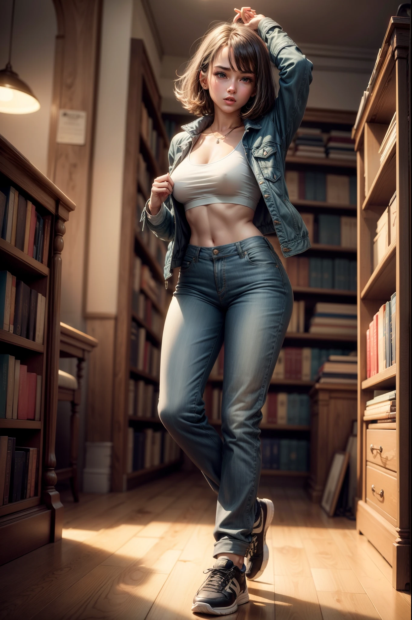 please draw me some sexy cool uppercasee letters dressed with pants, jackets and shoes on dancing on the table in an old bookstore, use 4k, hdr and everything in best quality with highest details.