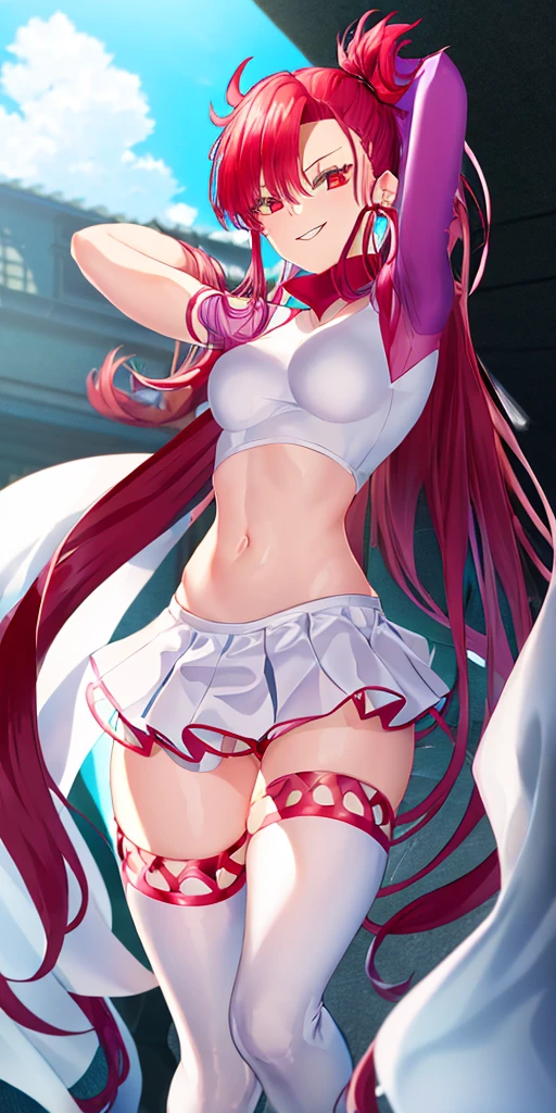 (((1 girl))) short hair, earings ,glossy lips ,team rocket uniform, red letter R, white skirt, white crop top, black thigh-high boots, black elbow gloves, evil smile, looking at viewer, cowboy shot, arms crossed, full body photo Mercedes von Martritz (Fire Emblem: Three Houses)