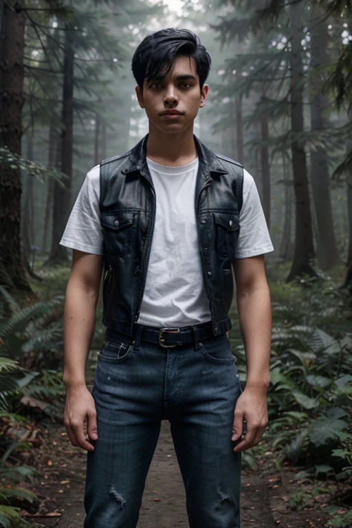 18 year old boy with black hair, military cut, white short sleeve t-shirt, light blue denim vest, dark blue jeans, black leather belt, black military boots, forest background with fog