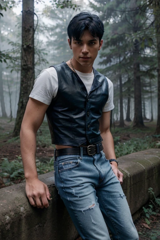 18 year old boy with black hair, military cut, white short sleeve t-shirt, light blue denim vest, dark blue jeans, black leather belt, black military boots, forest background with fog