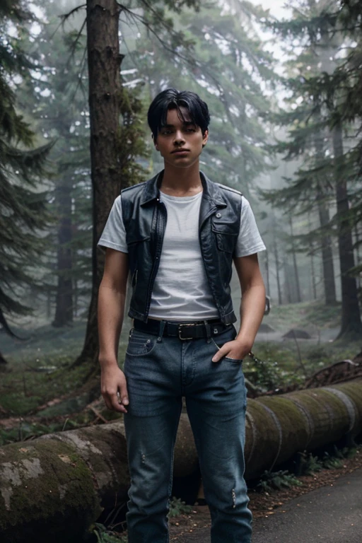 18 year old boy with black hair, military cut, white short sleeve t-shirt, light blue denim vest, dark blue jeans, black leather belt, black military boots, forest background with fog