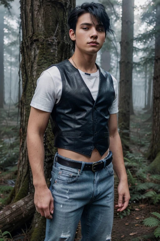 18 year old boy with black hair, military cut, white short sleeve t-shirt, light blue denim vest, dark blue jeans, black leather belt, black military boots, forest background with fog