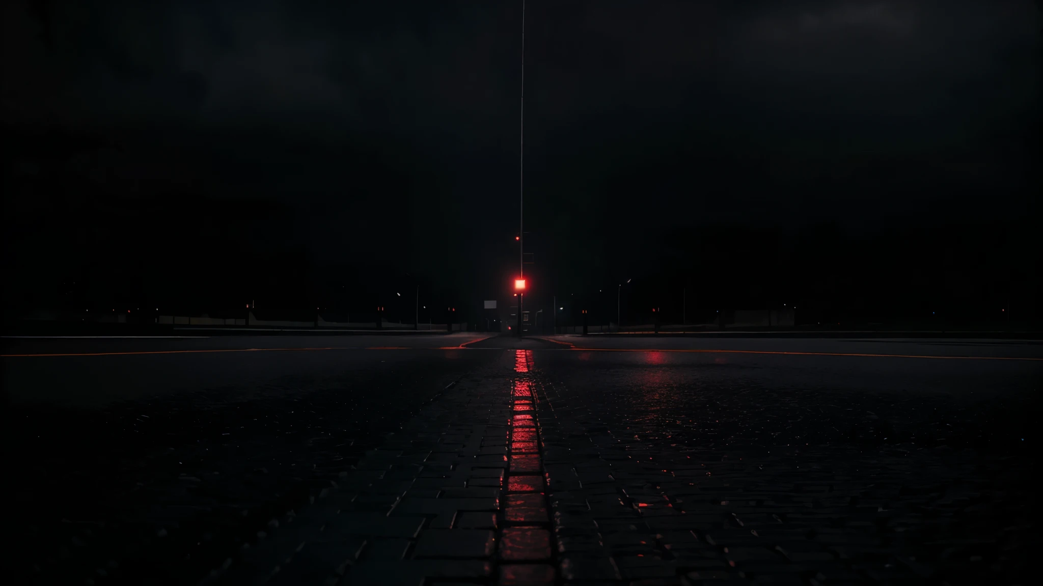 Full HD, black, dark background, rainy only dark and red flames on the bottom, high quality empty, rainy ambience, night, black, red conffets, sky clods, empty street