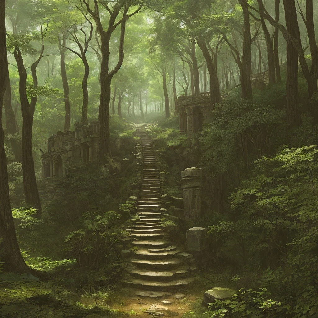 An ancient staircase stands in the middle of nowhere in the forest