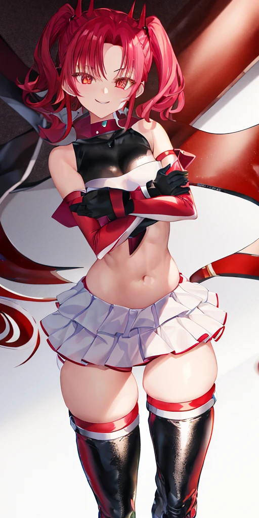 (((1 girl))) short hair, earings ,glossy lips ,team rocket uniform, red letter R, white skirt, white crop top, black thigh-high boots, black elbow gloves, evil smile, looking at viewer, cowboy shot, arms crossed, full body photo Mercedes von Martritz (Fire Emblem: Three Houses)