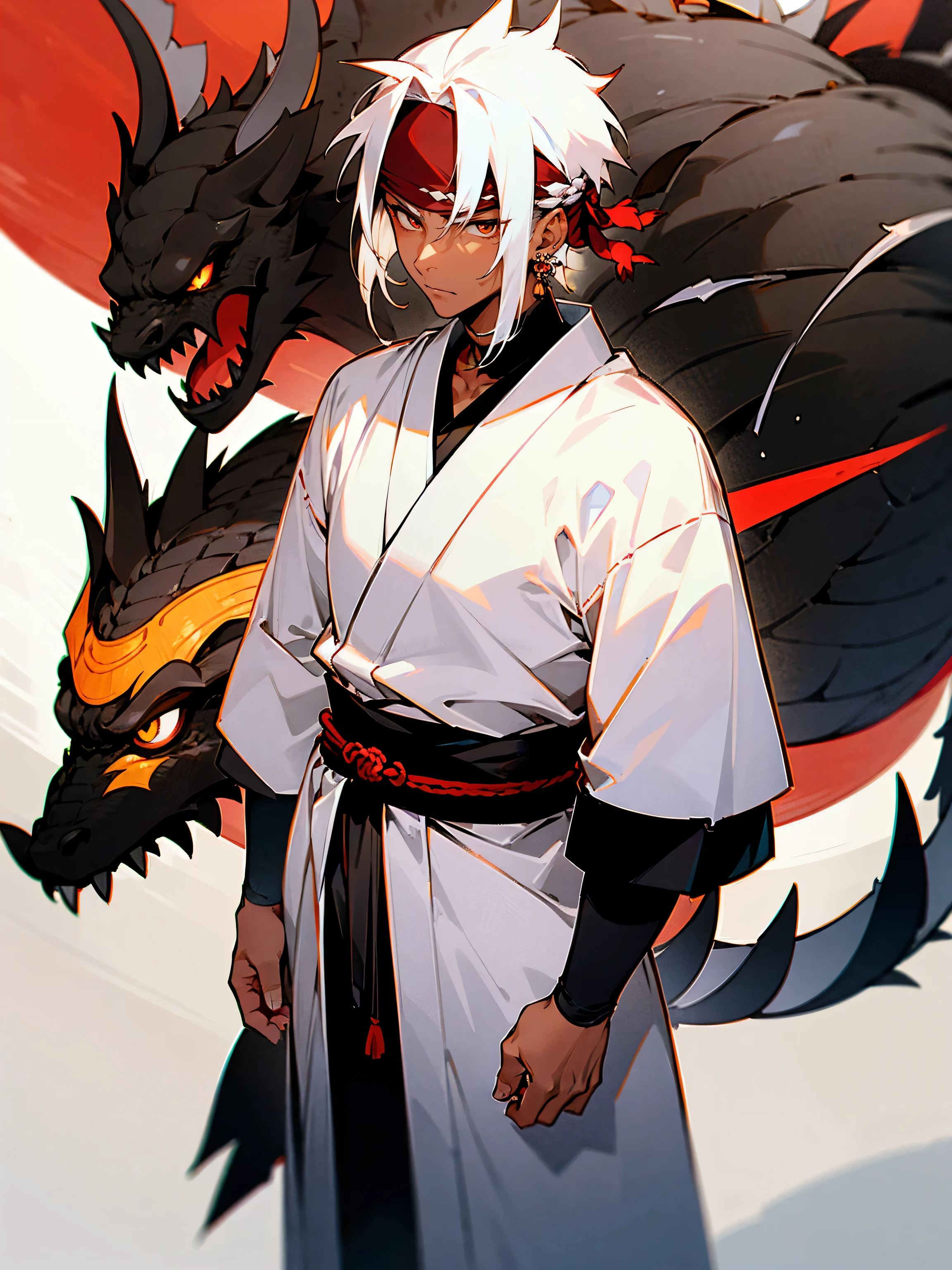 1male, dark skin, white hair, spiky hair, short hair, headband, earrings, tied to waist, black dragon yukata, japanese shrine, serious