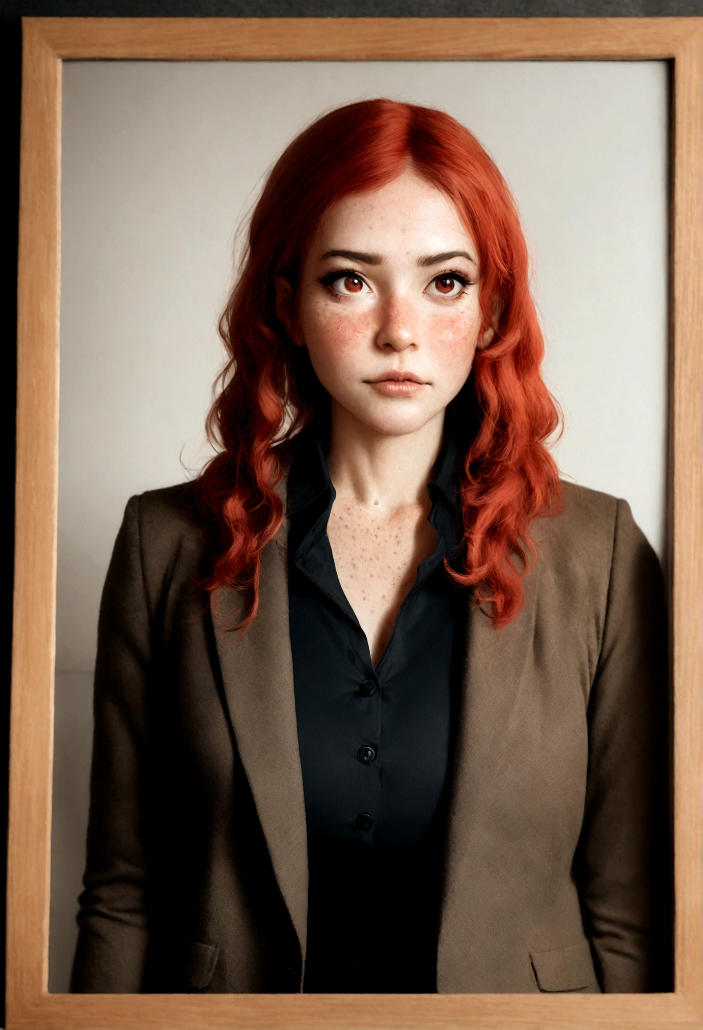 raw photo, raw picture, realism, realistic style, a photo \(medium\) of katiekones \(subject\), wearing a women's business suit \(wardrobe\), lowered pants exposing underwear, in the board room \(background\), looking off camera, red hair, thin lips, facial skin fuzz, body freckles, full body, portrait, highres, best quality, full sharp, 4 k photography, real detailed skin texture, (blush:0.5), (goosebumps:0.5), subsurface scattering, RAW candid cinema, 16mm, color graded portra 400 film, remarkable color, ultra realistic, textured skin, remarkable detailed pupils, realistic dull skin noise, visible skin detail, skin fuzz, dry skin, shot with cinematic camera