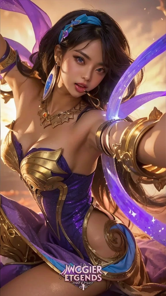 a woman in a purple dress holding a sword and a purple ring, tanned skin, ahegao, eyes rolled upward, tongue out