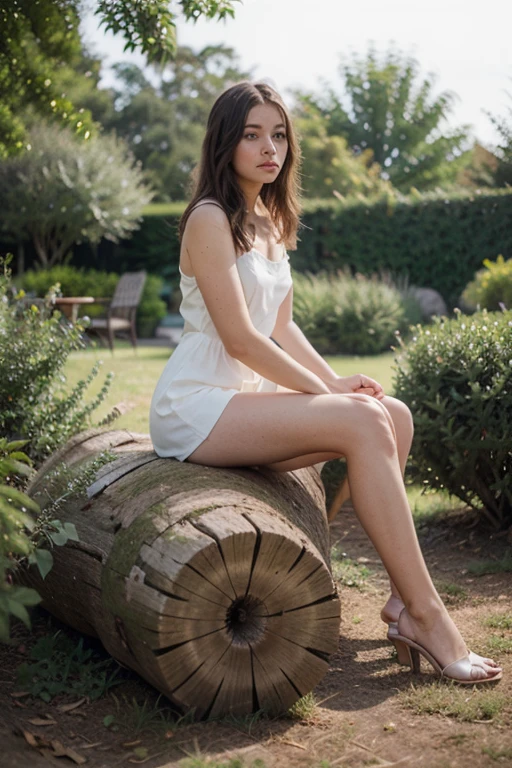 CREATE AN IMAGE OF A GIRL IN A GARDEN IN A WHITE MINIMAL DRESS SITTING ON A LOG
