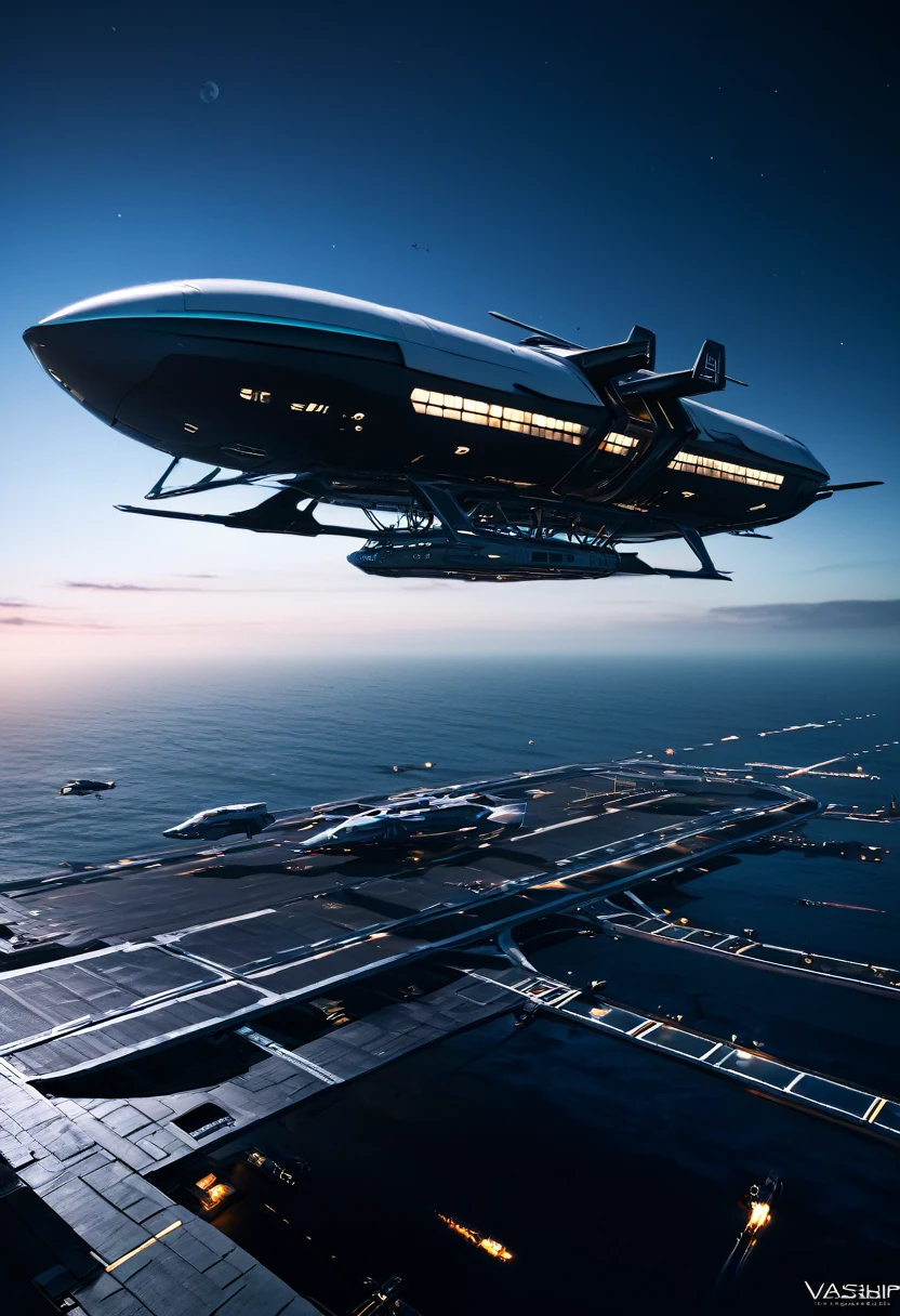 futuristic, skyship, landing, ship, vtol, space port, dusk
