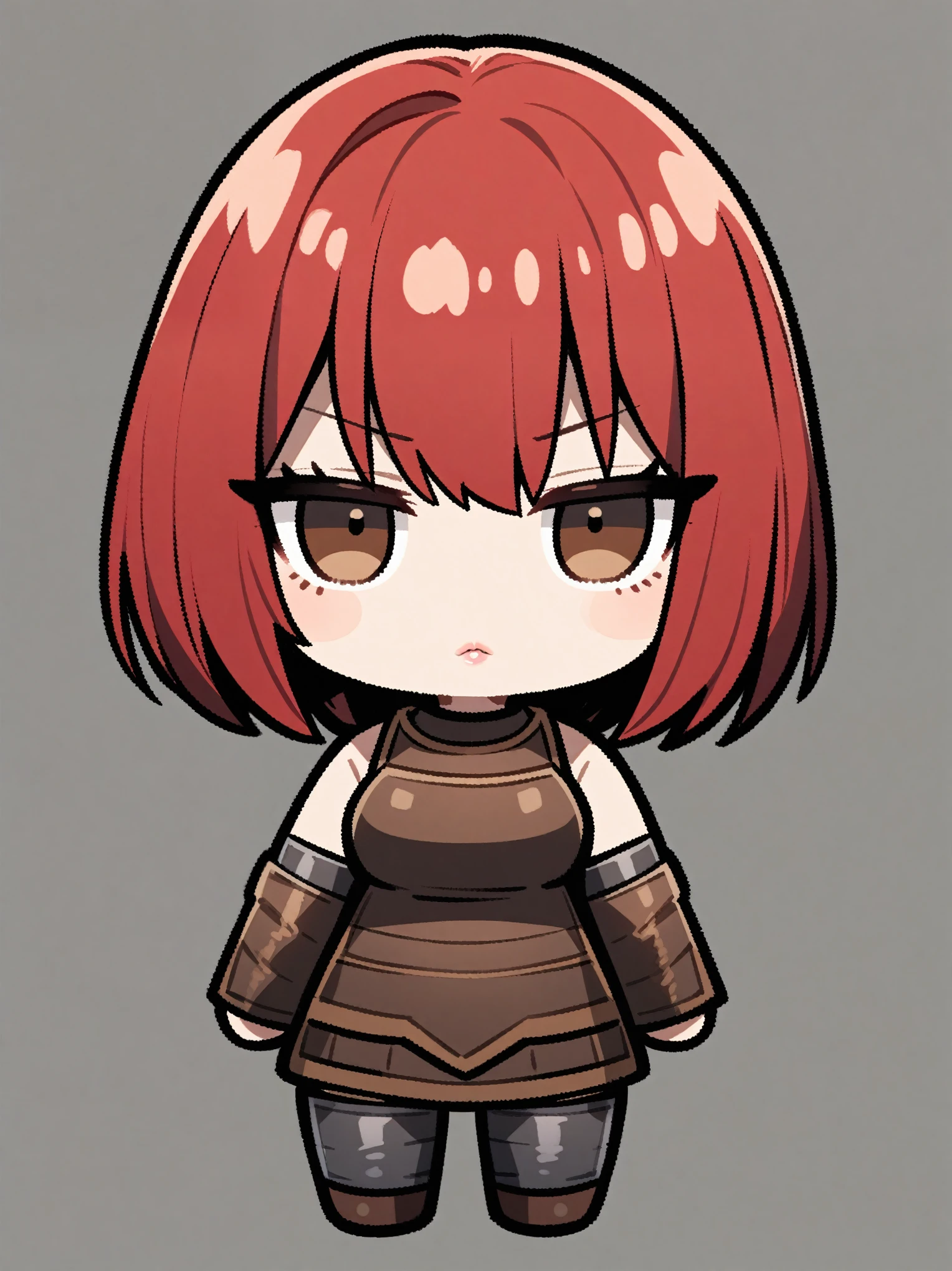 {{{kame (kamepan44231), full body, no humans, chibi, jitome, fumo (doll)}}} straight-on, 1girl, solo, toned female, mature female, medium breasts, red hair, short hair, brown eyes, lips, leather armor, sleeveless, neutral face, looking at viewer, medieval fantasy, blank background, white background.