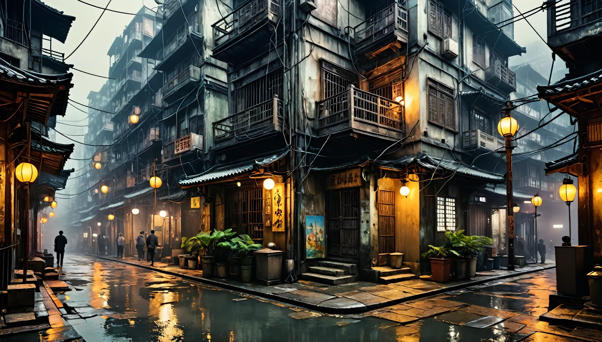 masterpiece, best quality, (4k,8k,highres,ultra-detailed,realistic,photorealistic:1.37), Kowloon walled city, clear painting style, dull color theory, foggy, grunge, desaturated, cityscape, detailed architecture, intricate alleyways, moody atmosphere, cinematic lighting, dramatic shadows