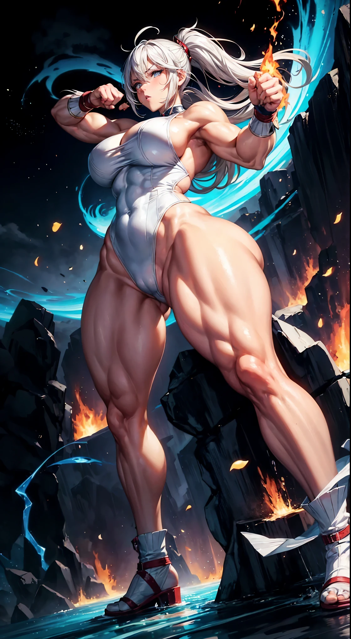 Masterpiece, pin up, Characters with fire and ice attributes, Anime characters with big butts, knee up, Fighting game characters, Fighting Pose, Redhead posing, The strongest pose, Fighting Pose, Muscular girl, Healthy girl, thick, Perfect white hair girl, Flaming fist with ice-covered frozen fist, High-resolution consignment, Feminine and Muscular, Enchanting anime girl, Anime Women, Silver Haired Girl、leotard、Very large, light-reflecting pectoral muscles、Beautiful Abs、blush, powerful punch, in Milky Way, Shining energy waves, from front, from below,