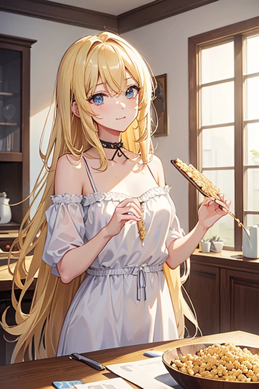 masterpiece, highest quality, High resolution,Follow the prompts、Anime Style、Blonde、Long Hair、negligee、Eating cereals