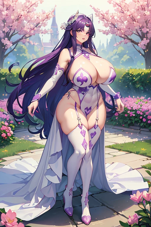 a woman with big straight purple hair and a beautiful body, American body ((body measurements 34H-23-34)) (((silicone breasts size 34H))) (((huge breasts, big sagging, thick and soft)) ), blue eyes, red lips. wearing a short white dress and high boots standing in a beautiful garden full of flowers sensual and full body photo