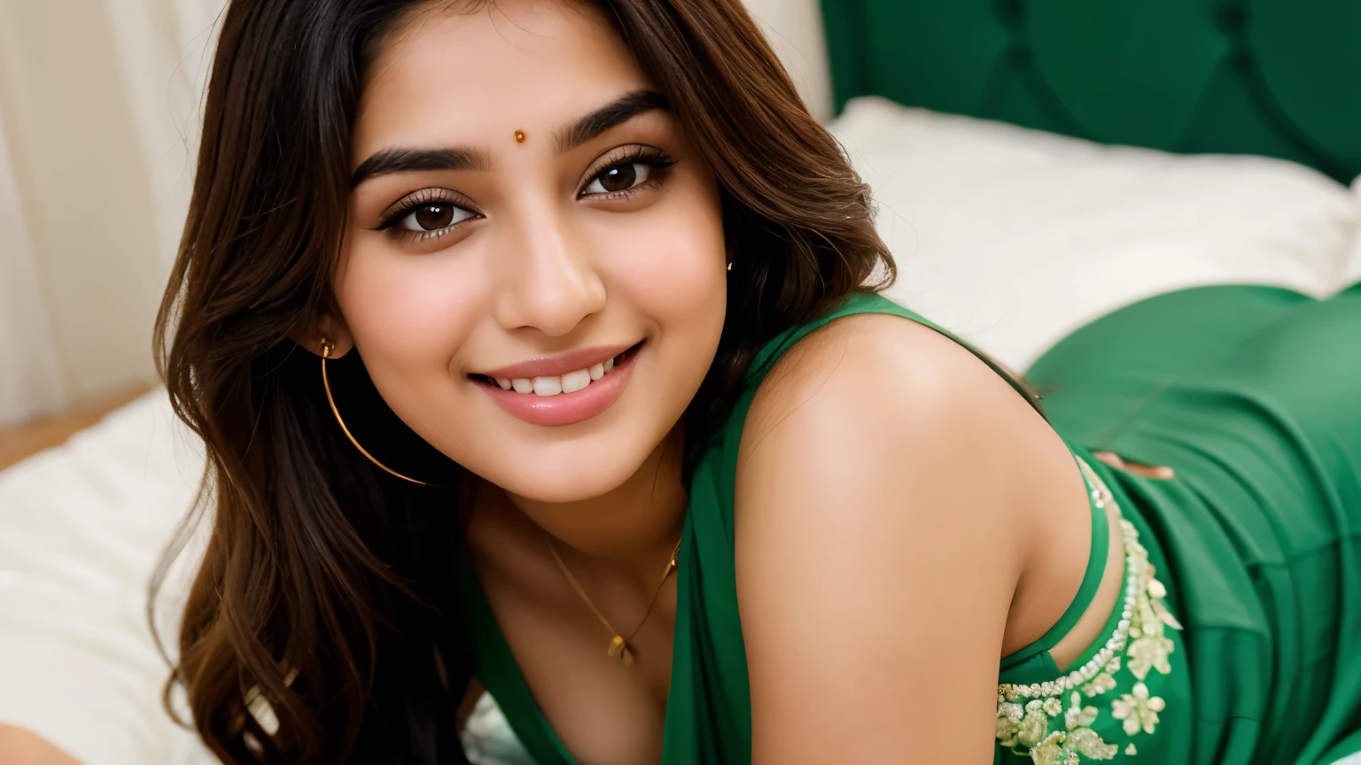 (Pakistani fair skin woman 23 year old with nice face), a close up of a woman in a green dress sitting on a bed, cute beautiful, big breasts, beautiful and smiling, 1614572159, with a seductive smile, with a beautifull smile, with cute - fine - face, slight cute smile, mid shot portrait, beautiful cute, pastel', lovely smile, photoshoot, stunning beautiful, stylish pose