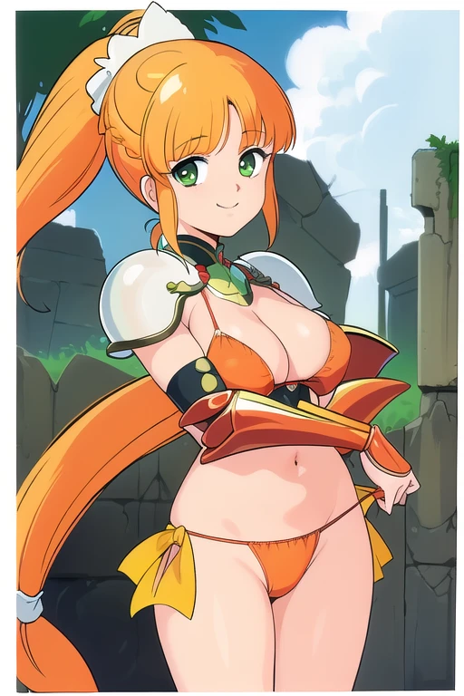 masterpiece,best quality,ultra detail,close up, girl, smile,Cream Lemon Caron,1girl,ruins,orange hair,((very long ponytail:1.5)),((big droopy green eyes)), ((red bikini armor1.8))