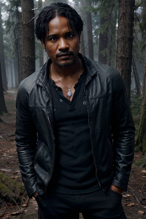 Seth Gilliam, Alan Deaton, Teen Wolf, 40 years old, dark skin, short and messy black hair, brown eyes, blue dress shirt, brown jacket, black jeans, black combat boots. silver pendant, white wolf print. Forest background with fog aura around black color.
