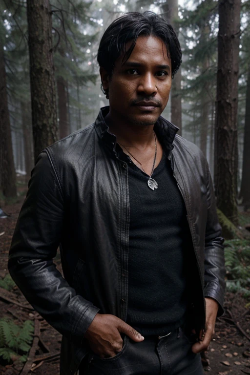 Seth Gilliam, Alan Deaton, Wolf, 40 years old, dark skin, short and messy black hair, brown eyes, blue dress shirt, brown jacket, black jeans, black combat boots. silver pendant, white wolf print. Forest background with fog aura around black color.