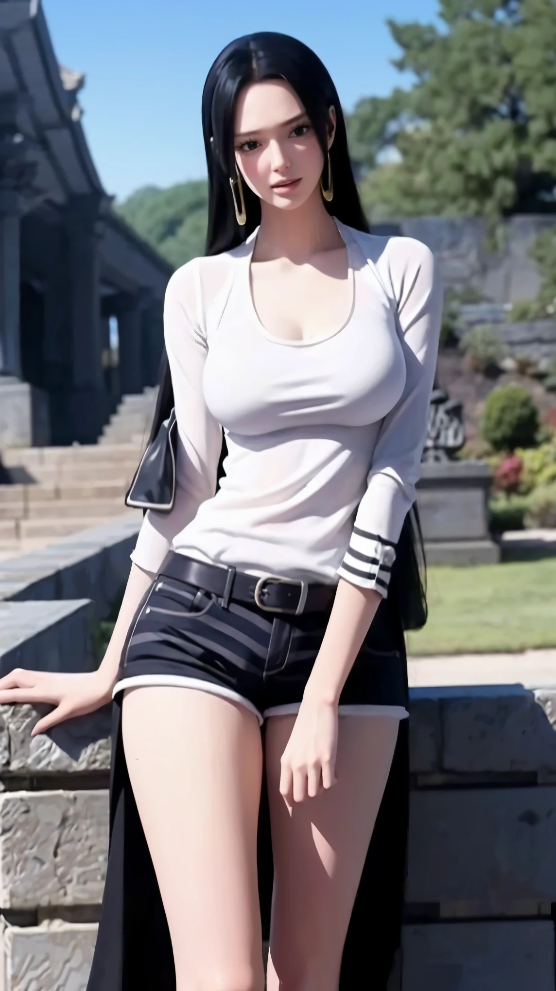 a white hair、Close-up of Miss wearing white mask, Beautiful character painting, guweiz, Gurwitz-style artwork, White-haired god, author：Yang Jie, Epic and beautiful character art, Stunning character art, author：Fan Qi, by Wuzhun Shifan, pixiv Art Street Guviz, Single ponytail, insult, High Ponytail, Tall and big, Long legs, (sleeveless lace shirt), (shorts), (Striped )), ((Striped )), Walk, elegant, dignified, Miss, Beautiful curves, sweet smile, Strong sense of detail and layering, color丰富绚丽, Has a unique texture, rich and colorful, color, vivid, Design Art, 16K, Super detailed, {{illustration}}, {Extremely refined}, {Exquisite surface treatment}, Super detailed, Delicate and shining eyes, {{light}}, 极致light效果, Model: realism, CFG size: 12, Laura: Bright texture (1.35), high quality, masterpiece, Exquisite facial features, Delicate hair depiction, Detailed depiction of the eyes, masterpiece, best quality, Ray tracing, Extremely detailed CG unified 8k wallpaper, masterpiece, best quality, (1 girl), 完美Miss身材, (((Skinny white T-shirt))), beautiful eyes, (Delicate face), short black hair, Tie your hair up, light blue hairpin, Black silk frame glasses, in class, (White skin), (Optimal lighting), (Super intricate details), 4k unity, (Super detailed CG), Showing off her white legs, , Hot Pants, shorts,
