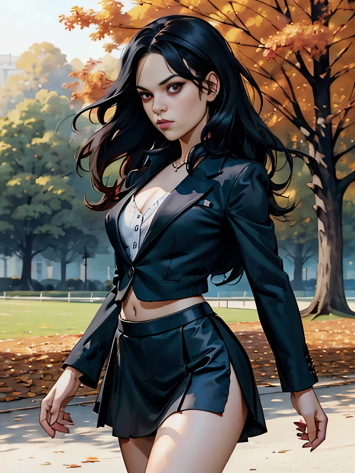 masterpiece, best quality, high resolution, draw, comic, hyper realism, jortega, alone, long hair, black hair, slim and athletic body, small breasts, vampire, ((red eyes)), fangs, ((wearing black blazer, black skirt)), very soft light, autumn light, concept art, horror, dark, very dark, art by Yoji Shinkawa, ink and watercolor, ((walking in a Park during day, autumn )), 