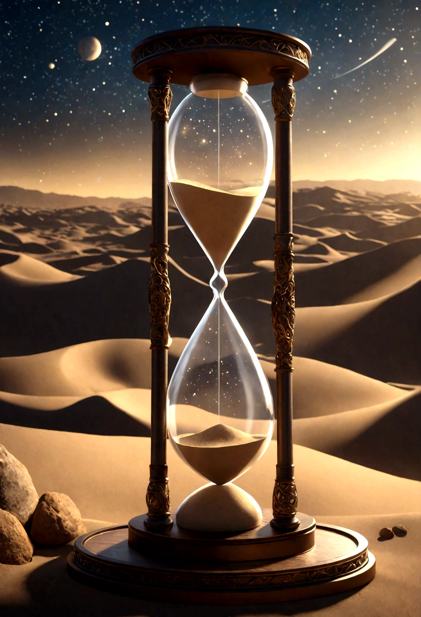 A mesmerizing 3D render of a detailed hourglass, showcasing the breathtaking and brilliant intricate (((The Creation))) within. The sand within the hourglass represents the flow of time, and each grain is a miniature world of its own, with diverse landscapes, celestial bodies, and fantastical creatures. The hourglass is suspended in a cinematic scene, with a spotlight illuminating its beauty and importance. The surrounding atmosphere is a blend of cosmic and earthly elements, creating a sense of wonder and curiosity., 3d render, photo, cinematic