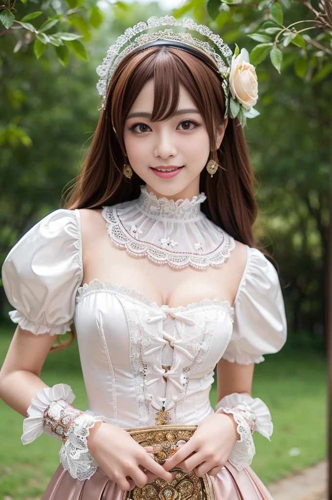 (nsfw), sexy stylish Thai model, only 1 female, ((doll-like appearance)), short Auburn stylish hair, ((shiny Victorian-Style boots)), (big smile), ultra detailed eyes, vivid eye makeup, lipgloss, long lashes, defined eyebrows, ((sexy Paradise Kiss cosplay)), bell-shaped skirt, petticoats, high neckline, puffed sleeves, ((ultra detailed lace)), ((ultra detailed embroidery)), intricate details, Paradise Kiss accessoires and matching headpiece, choker, ((large sparkling Paradise Kiss jewelry)), cinematic light, detailed large park background with trees